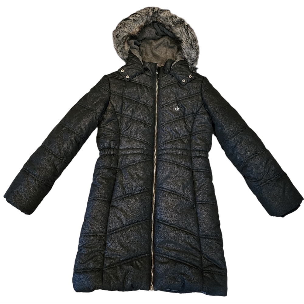 Calvin Klein black shimmer long puffer coat. Kids size Large (12/14).